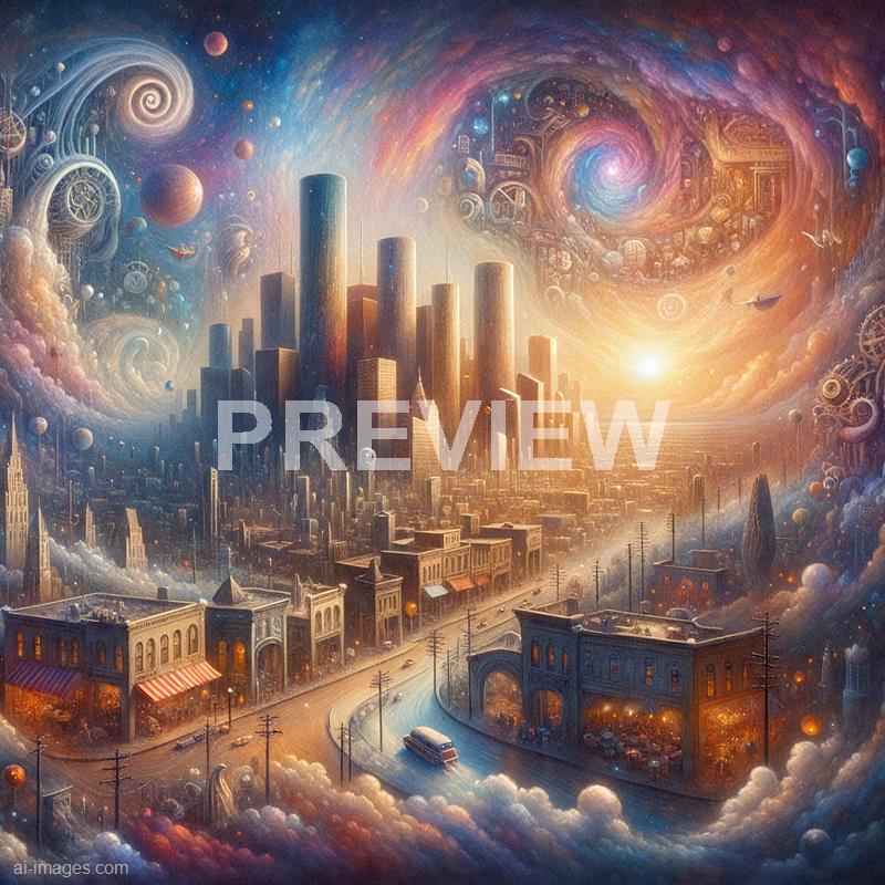 The image depicts a surreal cityscape blending futuristic skyscrapers with classic architectural elements, set against a vibrant, cosmic sky filled with swirling galaxies, planets, and abstract cosmic patterns. The city is illuminated with warm, golden light from a setting or rising sun, casting a glow over the buildings and streets, which include a bus on a curved road, and small shops with awnings. The sky features a mesmerizing spiral galaxy, celestial bodies, and intricate cosmic designs, creating a fantastical and otherworldly atmosphere.
